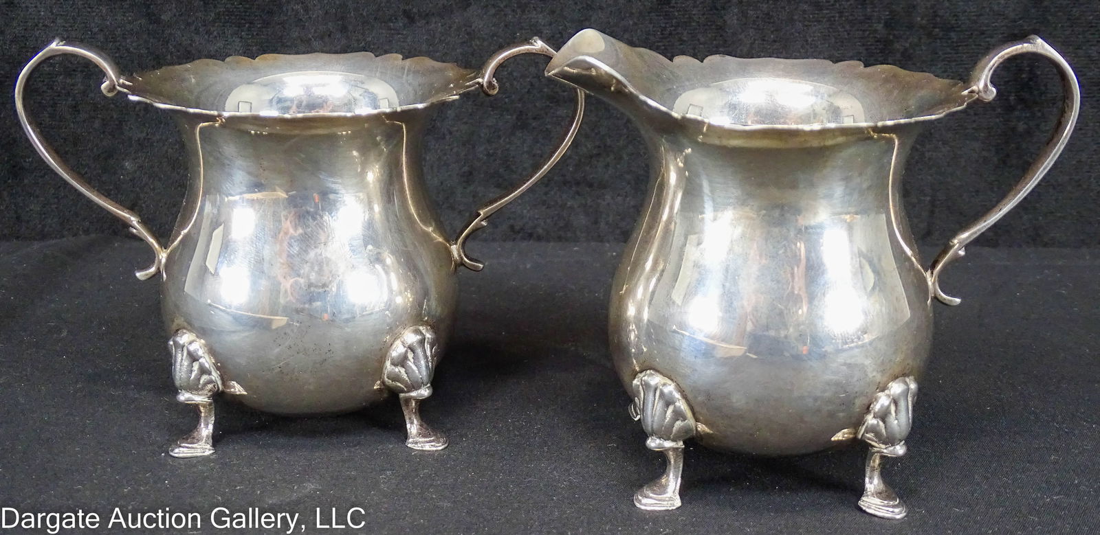 STERLING CHIPPENDALE STYLE CREAM AND SUGAR: A creamer and open sugar bowl in a footed Chippendale style, both marked [Sterling] / Weight: 356.7g/11.47ozt / Measurements: 3.5"H x 5"W x 3.25"D / ONLINE PAY MSG ****SEE TERMS AND CON