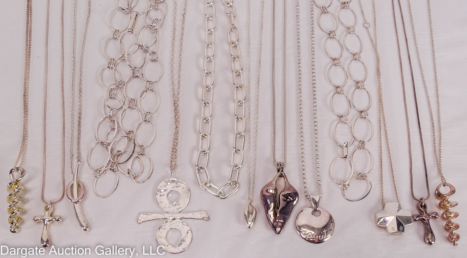 13 RLM STUDIO STERLING SILVER NECKLACES: Robert Lee Morris Studio Sterling Silver Necklaces – All pieces marked [RLM STUDIO 925] and with country of origin noted on individual pieces – Includes: (2) 21” Chain with spring ring clasp