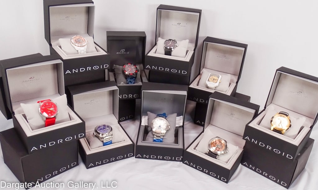 9 ASST ANDROID WATCHES MANUAL AUTO & QUARTZ: Includes: AD473 Skeleton / Rosetone / 49mm / 316L Stainless Steel / 17j Android 9211 Mechanical (runs) / 100m WR / Black Leather band // AD457 Savant Master Calendar / Purple / 48mm / 316L Stainless S