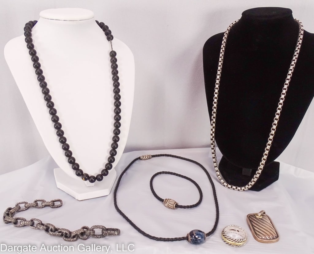 7pc ASSORTED DAVID YURMAN JEWELRY: Includes: 22" box chain with lobster claw clasp [DY] [ D. YURMAN] [925]; 20" Spiritual beads necklace - onyx beads, Sterling lobster claw clasp [DY][625]; 9" leather and Sterling bracelet with magneti