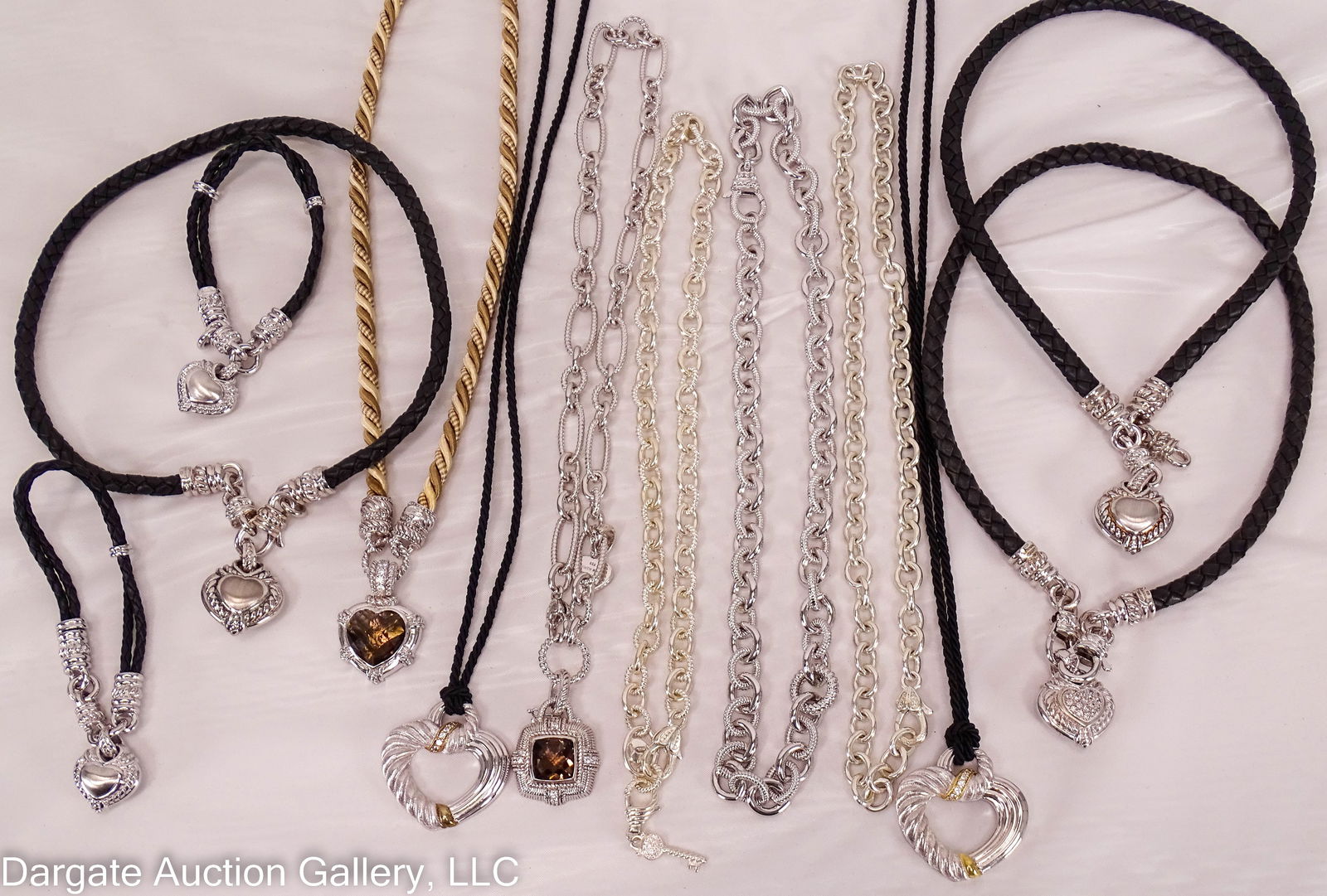 12pcs ASST JUDITH RIPKA JEWELRY INCLUDING STERLING: Includes: 19”L Sterling chunky link chain necklace with heart shaped lobster claw clasp; 18”L Sterling and cubic zirconia [CZ} textured link chain necklace with heart shaped lock and key a