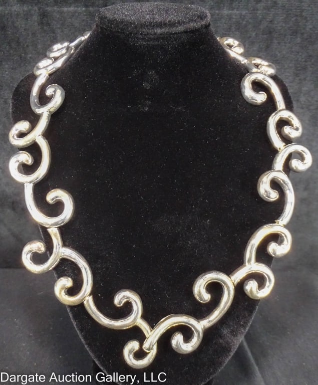ANGELA CUMMINGS STERLING MODERNIST SWIRL NECKLACE: Modernist swirl designs with original box / Weight: 94.5g / Measurements: 18"L / Provenance: From the descendants of Lollie Oliver, Pittsburgh, PA/ ONLINE PAY MSG ****SEE TERMS AND CONDITIONS FOR SPEC
