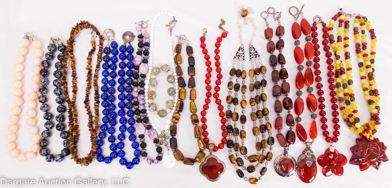 15pcs ASSORTED HARDSTONE JEWELRY incl STERLING: Includes: Stretchy Jasper(?) bead bracelet; 17” snowflake jasper bead necklace with heavy spring ring clasp; Carnelian beaded necklace with flower pendant with heavy spring ring clasp [CN GSJ 92