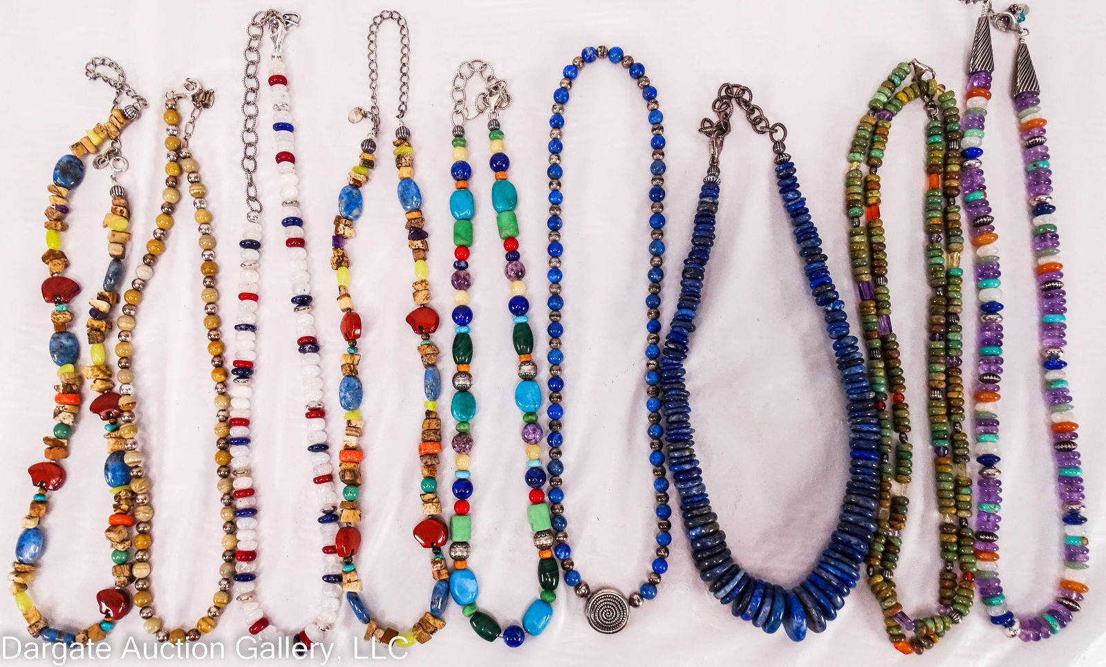 9 CAROLYN POLLACK NECKLACES ASSORTED HARD STONES: ALL MARKED [925]. 18” blue & sterling bead necklace w/circular clasp, maker’s mark; 16” blue & sterling graduated rondel necklace, 3” extender & lobster clasp, marker’s mark; (2)