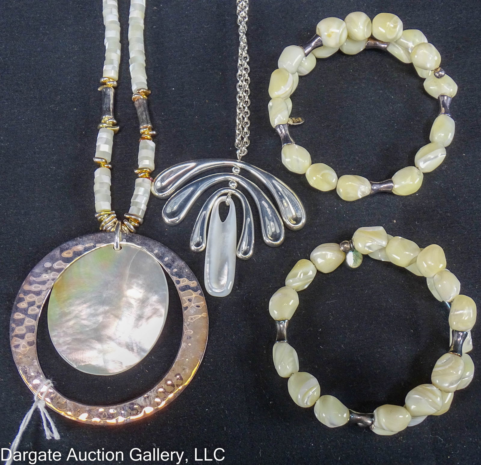 4pcs RLM STUDIO STERLING AND MOP JEWELRY: Robert Lee Morris Studio Sterling and Mother of Pearl Jewelry marked [RLM STUDIO 925] (2 China and 1 Thailand); Includes: 22" necklace chain with Sterling and mother of pearl pendant; (2) Bali Mati Mo