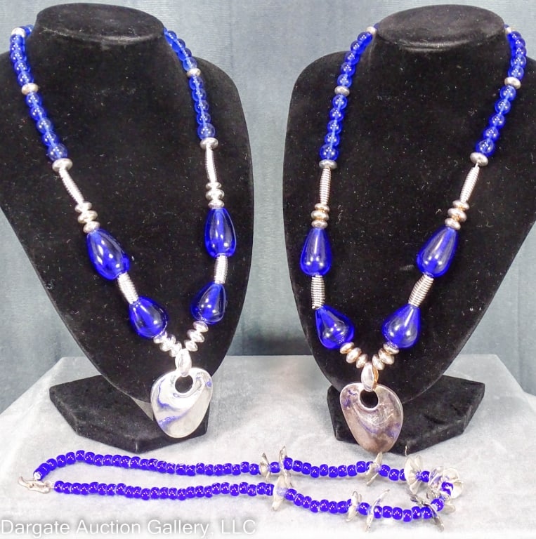3 RLM STUDIO COBALT GLASS BEAD NECKLACES: Robert Lee Morris Studio cobalt Czech glass beads - Includes: (2) 20" 4 large tear drop shaped Czech glass beads with sterling pendant, spacers and clasp; (1) 18" uniformly sized beads with Sterling f