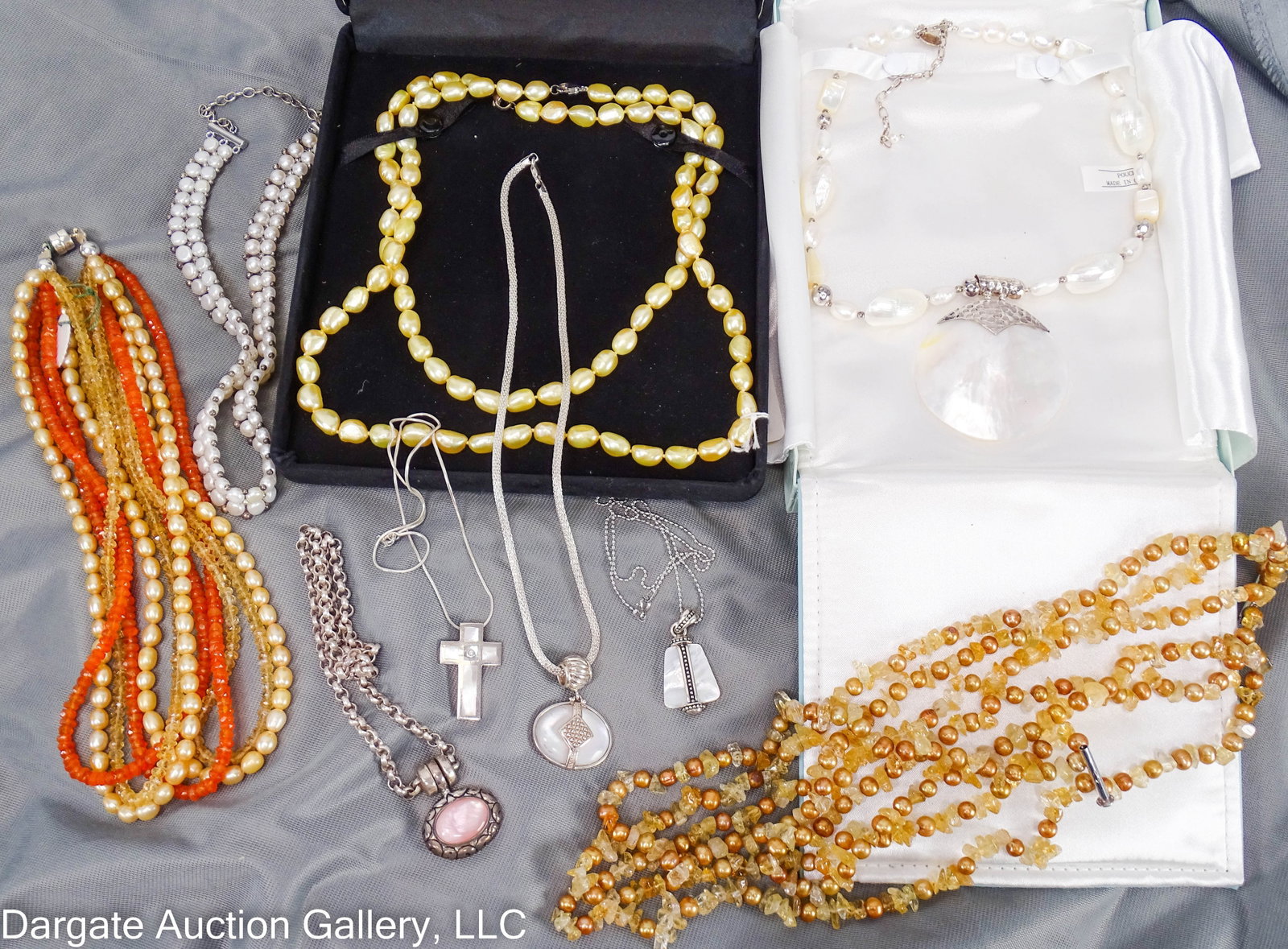 10pcs ASST STERLING AND PEARL JEWELRY: Includes: 18” Rope chain, lobster claw clasp with mother of pearl pendant [925A ITALY]; 18” Chain with mother of pearl pendant [925]; 19” Honora double strand pearl necklace [925 H];