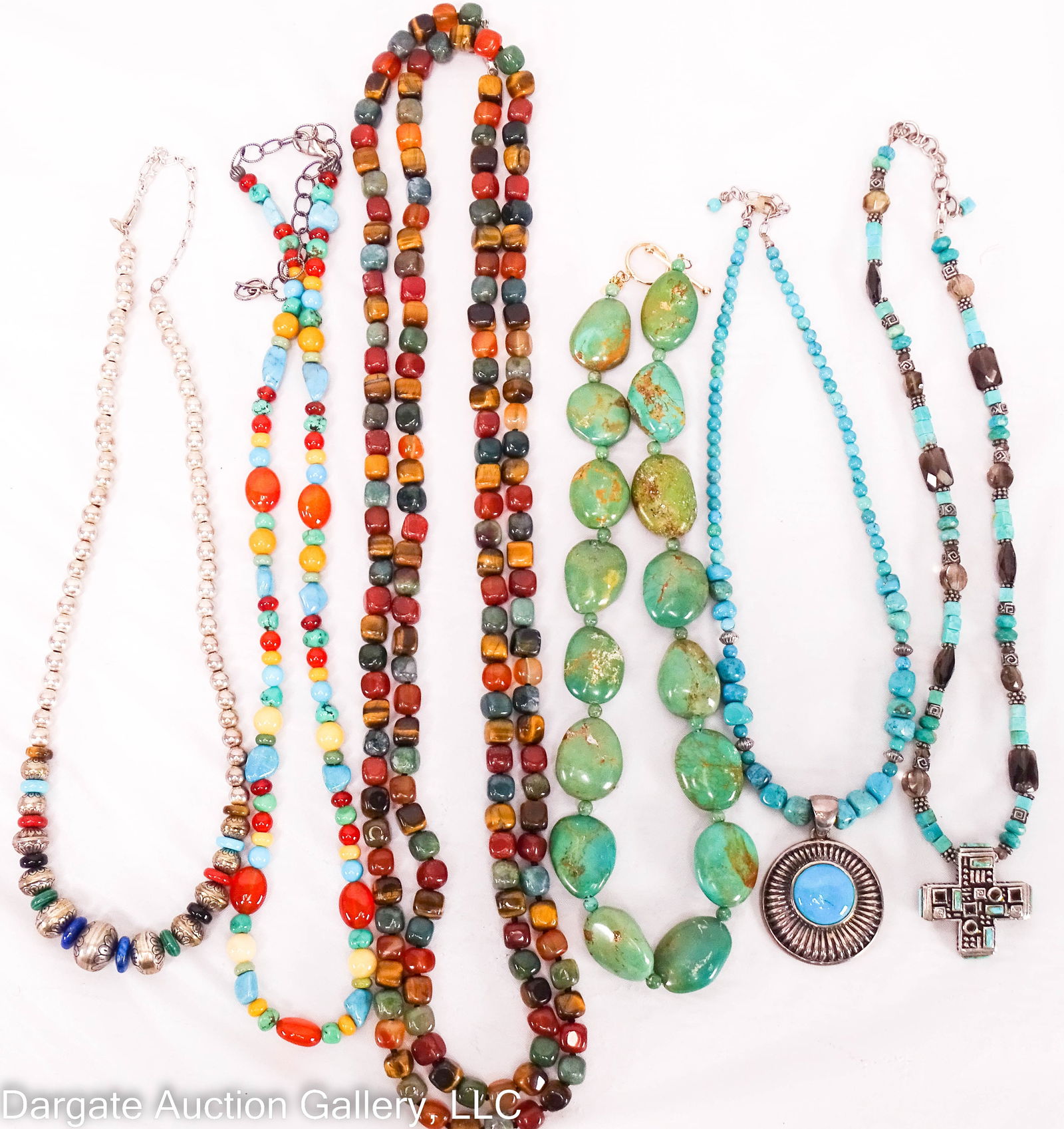 6pcs SOUTHWEST STYLE JEWELRY: Includes: Carolyn Pollack 21” lapis, malachite , carnelian, onyx, turquoise, tiger’s eye and sterling beaded necklace with lobster claw clasp [CP 925]; 19” Barse Sterling turquoise and q