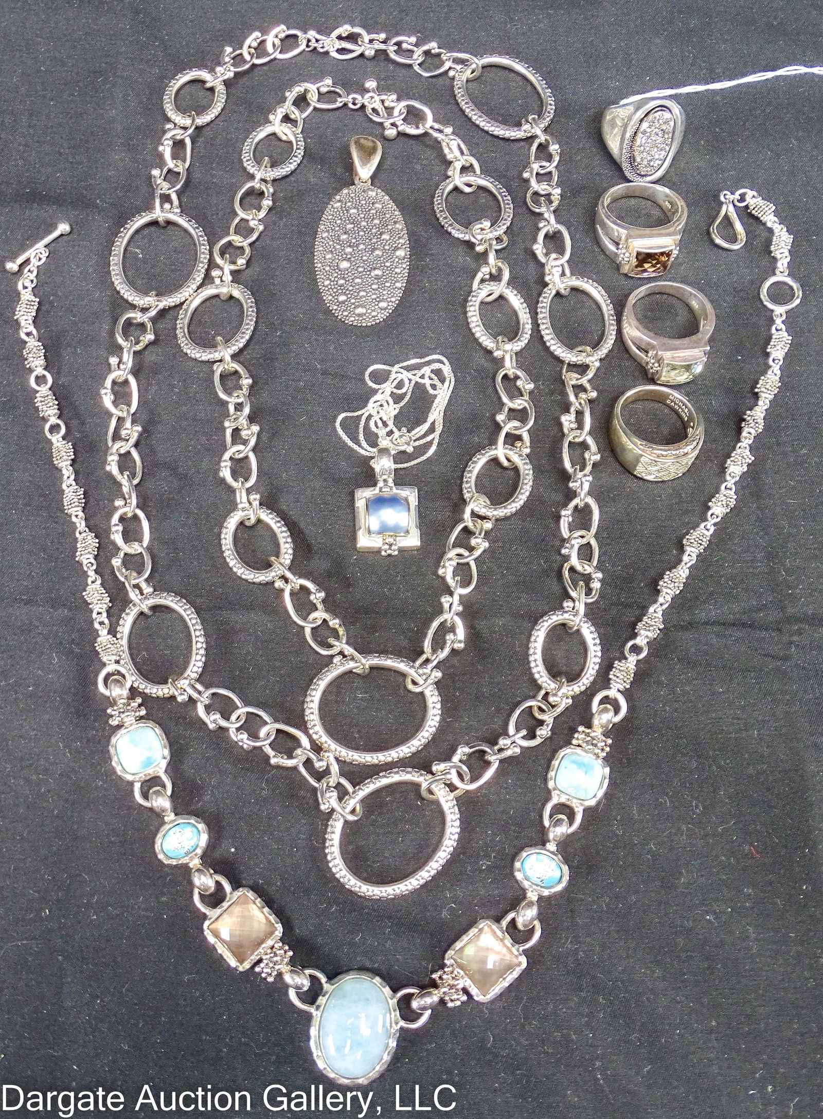 9pcs ASST MICHAEL DAWKINS STERLING JEWELRY: All pieces marked [MICHAEL DAWKINS] [925 THAILAND]; Includes: (1) Oval bead textured pendant; (1) 19” blue chalcedony, quartz, larimar and Sterling necklace with toggle clasp; (1) 18” Ster