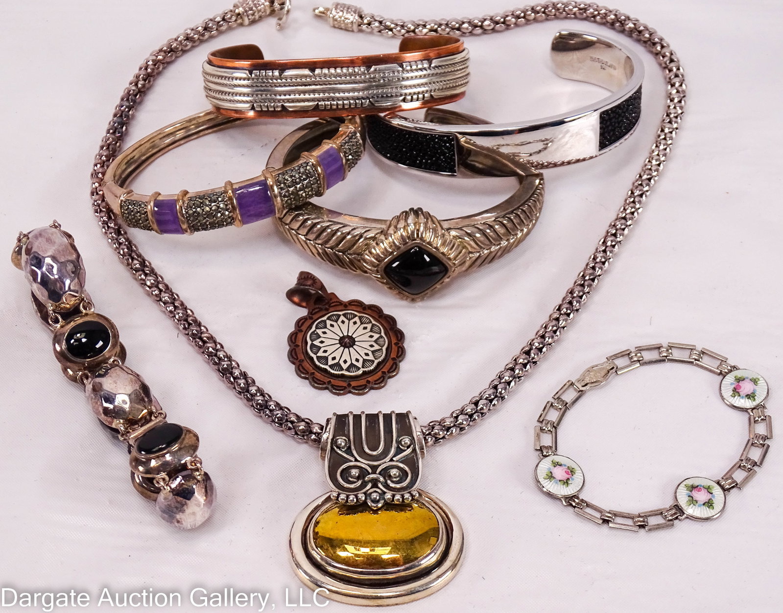 MIXED METAL JEWELY INC BRACELETS PENDANT NECKLACE: Includes: 6.25” rose enamel station bracelet, sterling stations, compression clasp; 20” chain pendant necklace w/oval & brass slide, hook & eye clasp, pendant 1.5”W X 1.75”H, [