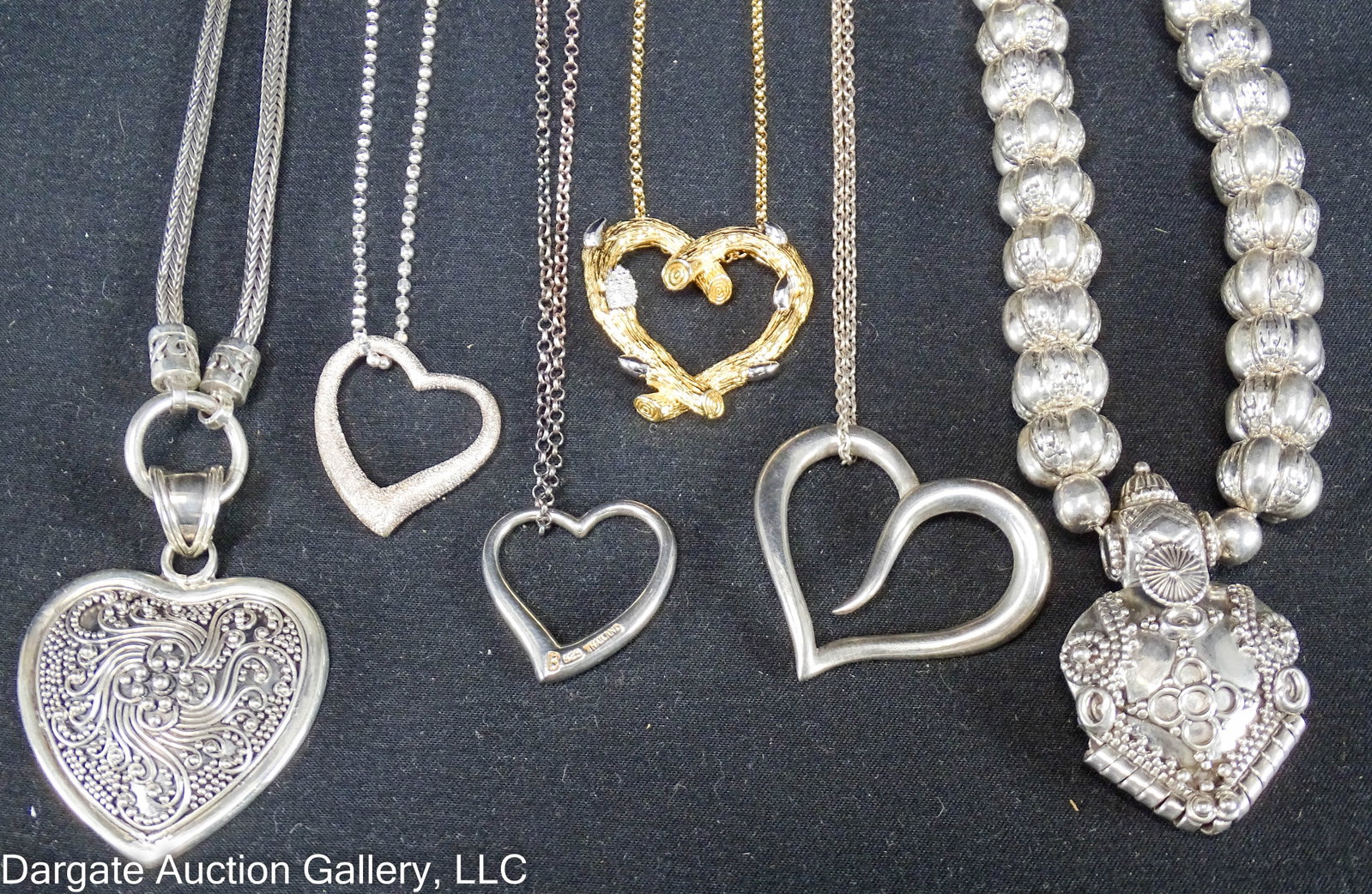 6 STERLING NECKLACES HEART PENDANTS DWECK CUMMINGS: Includes: Puffed heart pendant on 19” graduated bead chain, “S” hook closure, [925], heart 1” W X 1.25” L; Flat back hear pendant on 17” round wheat chain, toggle clasp