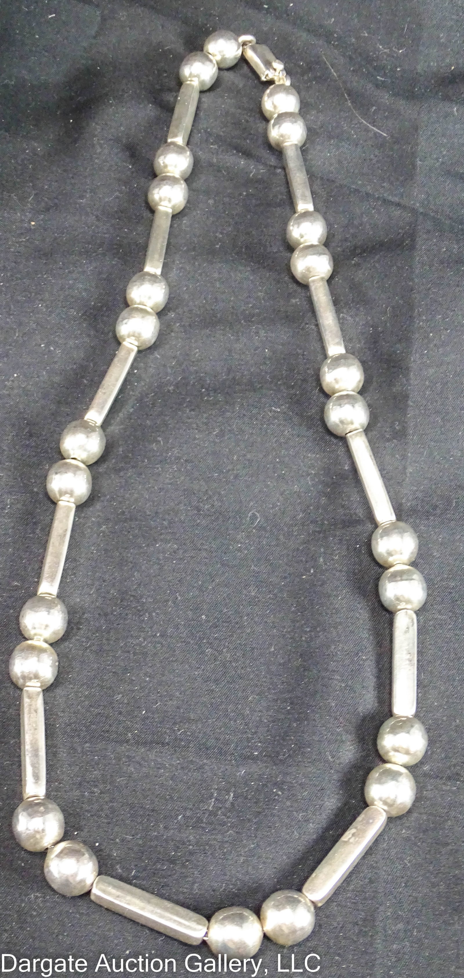 MEXICAN STERLING BEAD AND TUBULAR 24" NECKLACE: Alternating double bed and long cylindrical tube design with box clasp; marked on clasp [925 / TH-97 / MEXICO] / Weight: Total Gross Weight: 73.0g / Measurements: 24" long/ ONLINE PAY MSG ****SEE TERM