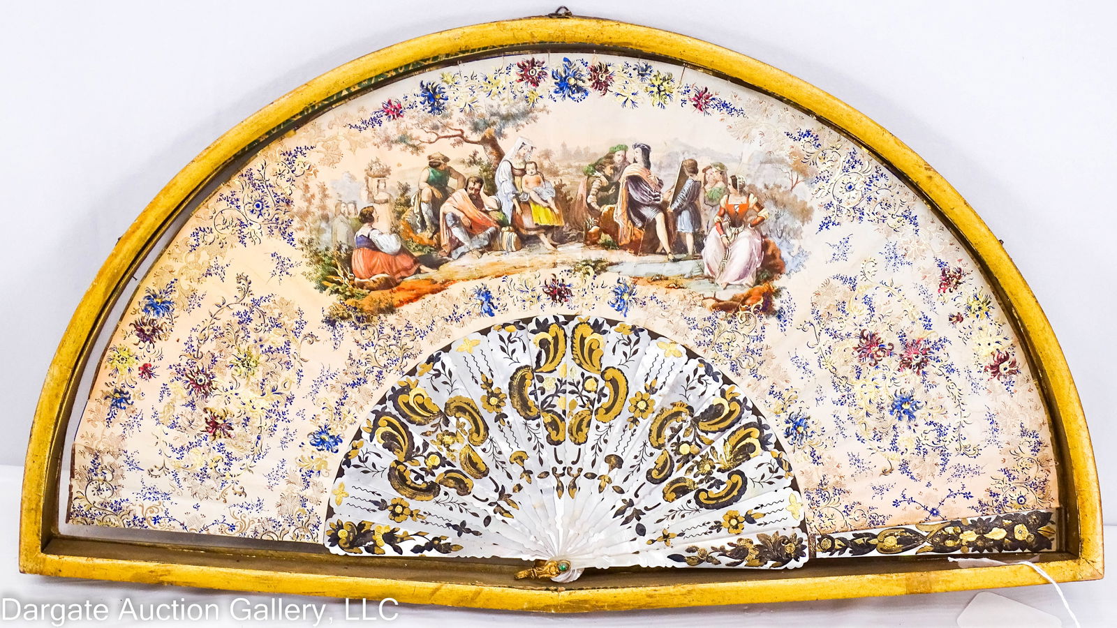 FRAMED GILT MOTHER OF PEARL HAND PAINTED FAN (1 of 11)