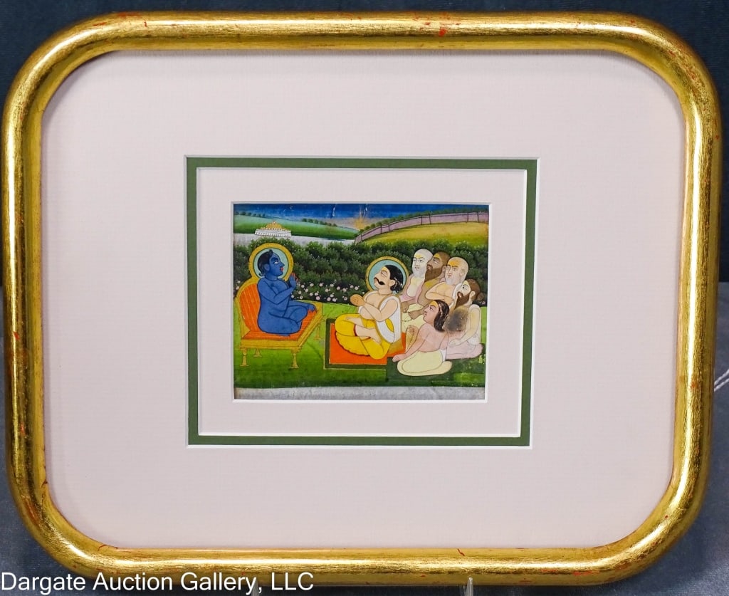 INDIA MINIATURE GOUACHE OF KRISHNA: The Hindu god Krishna in discussion with the elders miniature gouache, set under glass in gilt frame / Visible Art Size: 7.5"H x 9.5"W / Frame Size: 8.5"H x 10.5"W / Provenance: From the estate of Roy