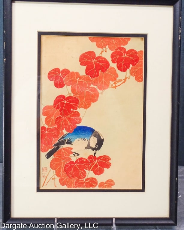 ITO SOZAN WOODBLOCK BLUE BIRD ON A RED VINE: Ito Sozan (Japanese, 1884-sometime after 1926) Circa 1910 woodblock print of a bluebird titled Blue Bird on a Red Vine; set under glass in modern molded frame / Visible Art Size: 13.5"H x 10"W / Frame