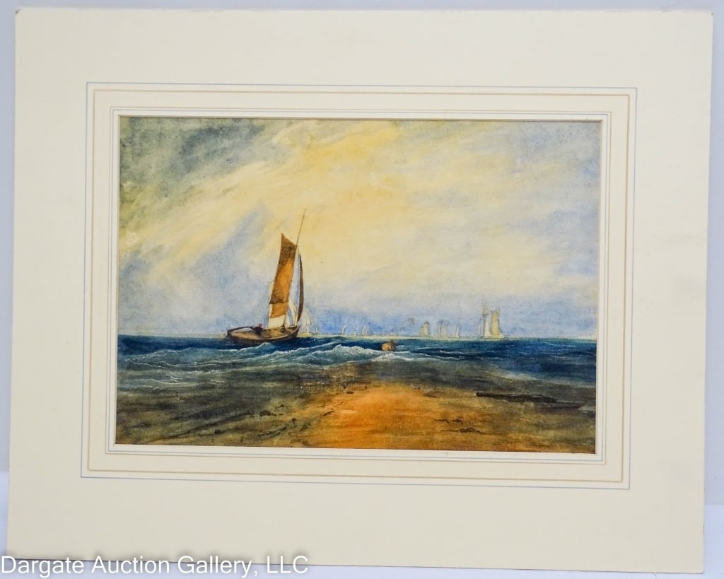 ENGLISH SEASCAPE WATERCOLOR: English watercolor on paper / seascape depicting the open ocean with several boats / unsigned, mounted inside matting, but not framed / Visible Art Size: 10"H x 14"W / Frame Size: Matting: 15.75"H x 1