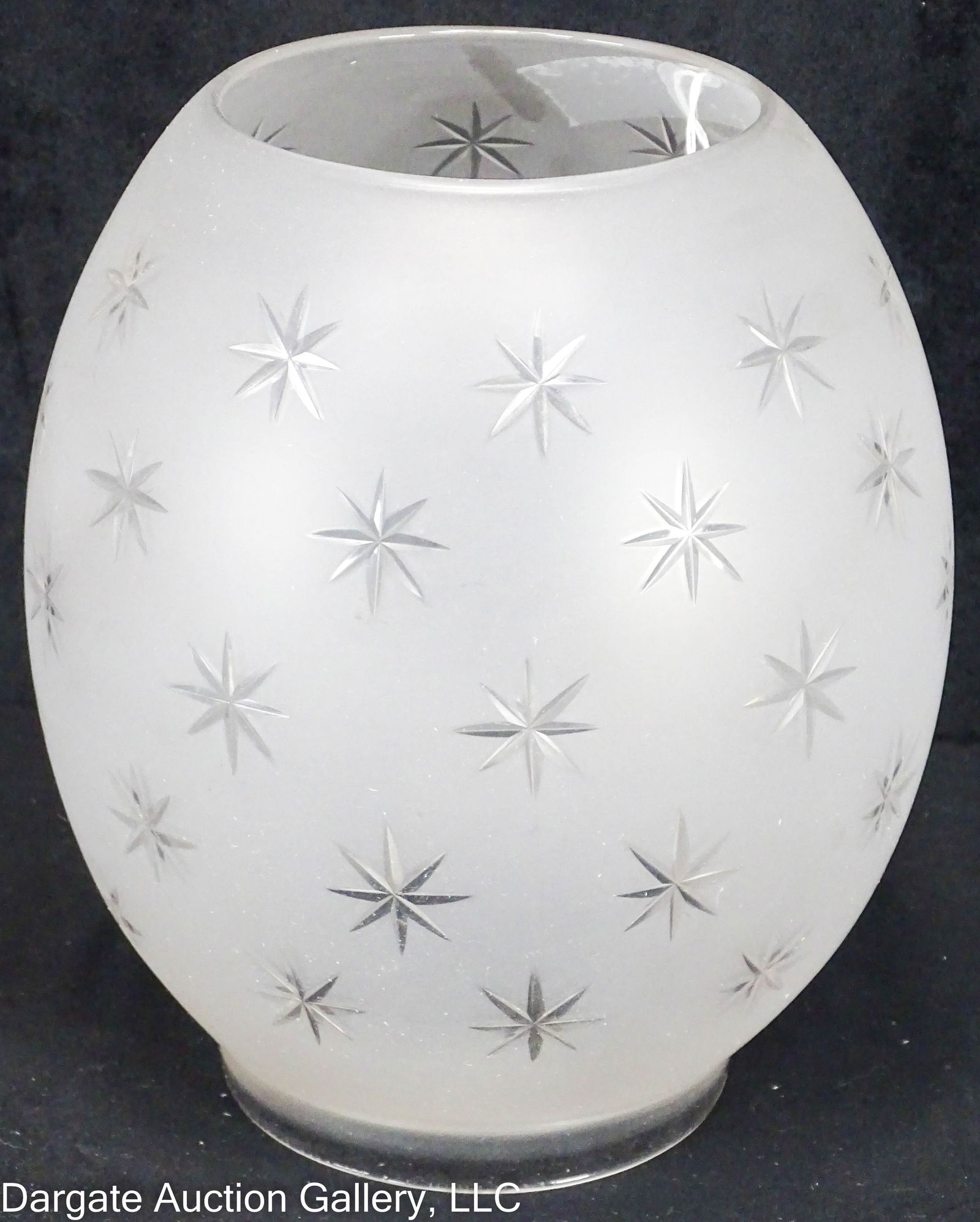 FROSTED AND CUT GLASS ASTRAL/SINUMBRA SHADE: A frosted glass Astral/Sinumbra shade with cut starbursts / Measures: 8"H x 7" diam; 4" fitter; 4" top diam / Condition: no chips, cracks or repairs