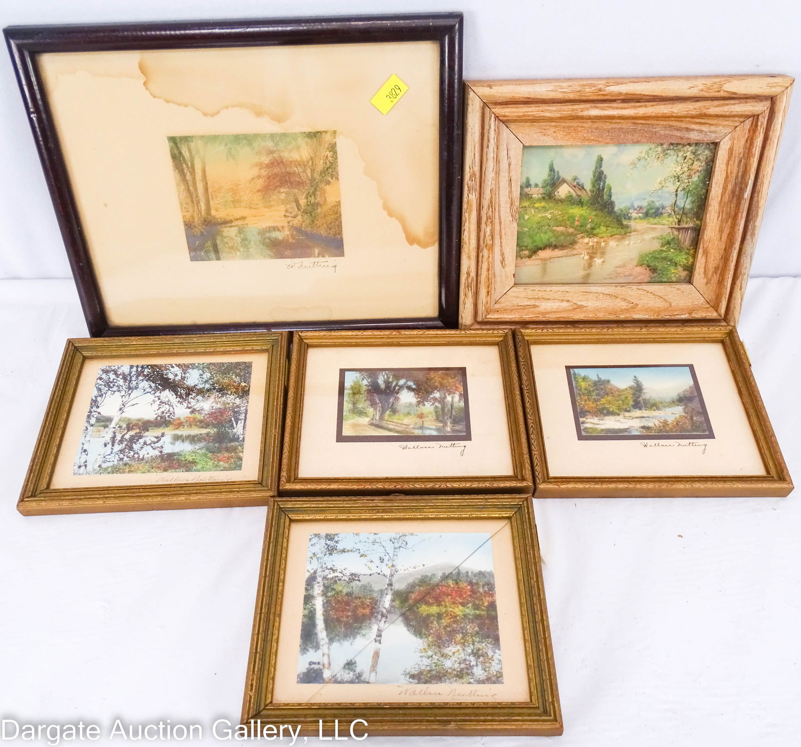 6 MINIATURE PRINTS WALLACE NUTTING AND UNSIGNED: 2 Wallace Nutting prints, signed on the back (1913 & 1915); also included are 4 unsigned, but believed to be Wallace Nutting (Prints of children and geese on the river) / Visible Art Size: Largest - 7