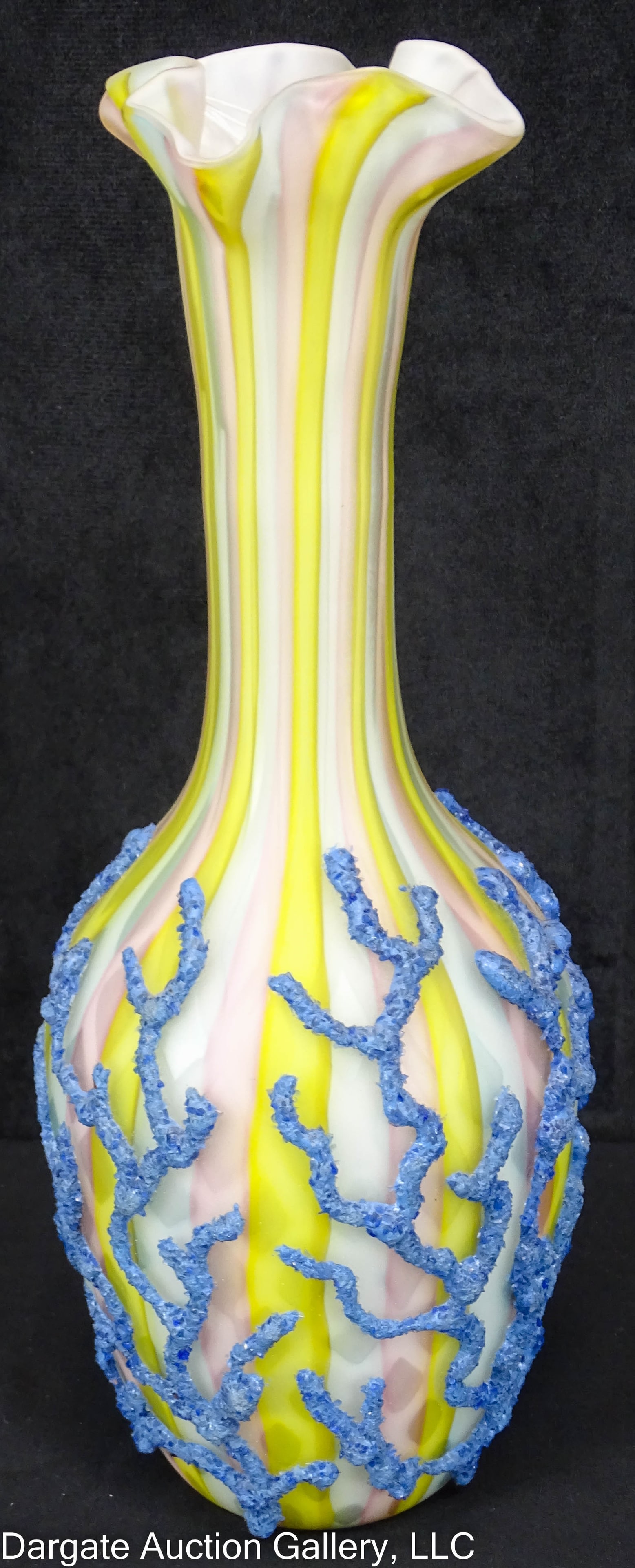 TALL CORALENE SEAWEED RAINBOW VASE: Antique diamond quilt rainbow with blue coralene seaweed applied to satin glass body. Either Thomas Webb & Sons or Mt Washington Glass / Measures: 11.5"H x 4" diam