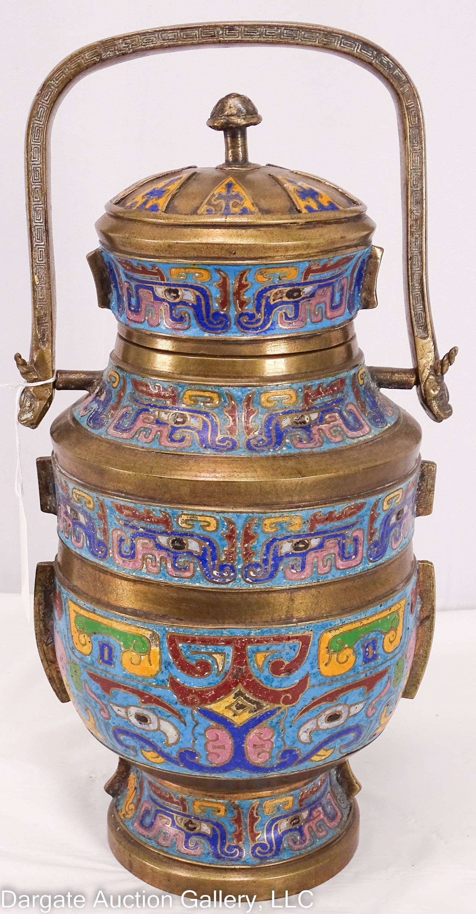CHAMPLEVE ENAMEL WINE JAR: Antique Champleve baulster form with swing handle and removeable lid / Measures: 14"H x 6"W