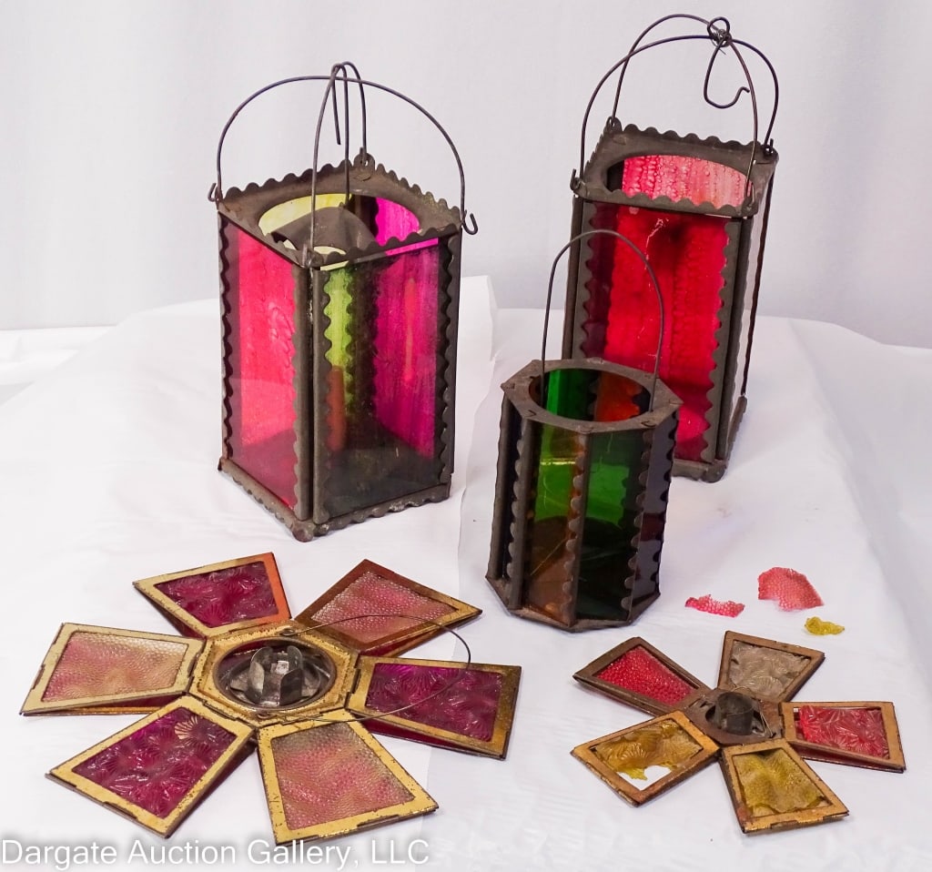 5 ANTIQUE TIN & GLASS CHRISTMAS TREE LANTERS (1 of 20)