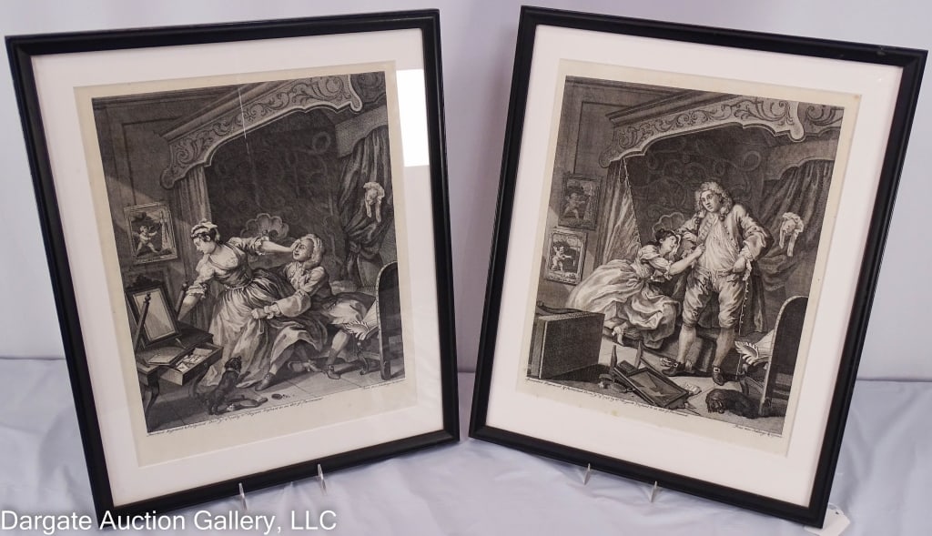 PAIR OF WILLIAM HOGARTH PRINTS: William Hogarth (British, 1697-1764) pair of prints titled "Before and After" and "A Harlot's Progress"; both set under glass in modern molded frames / Visible Art Size: 19.5"H x 15.75"W / Frame Size:
