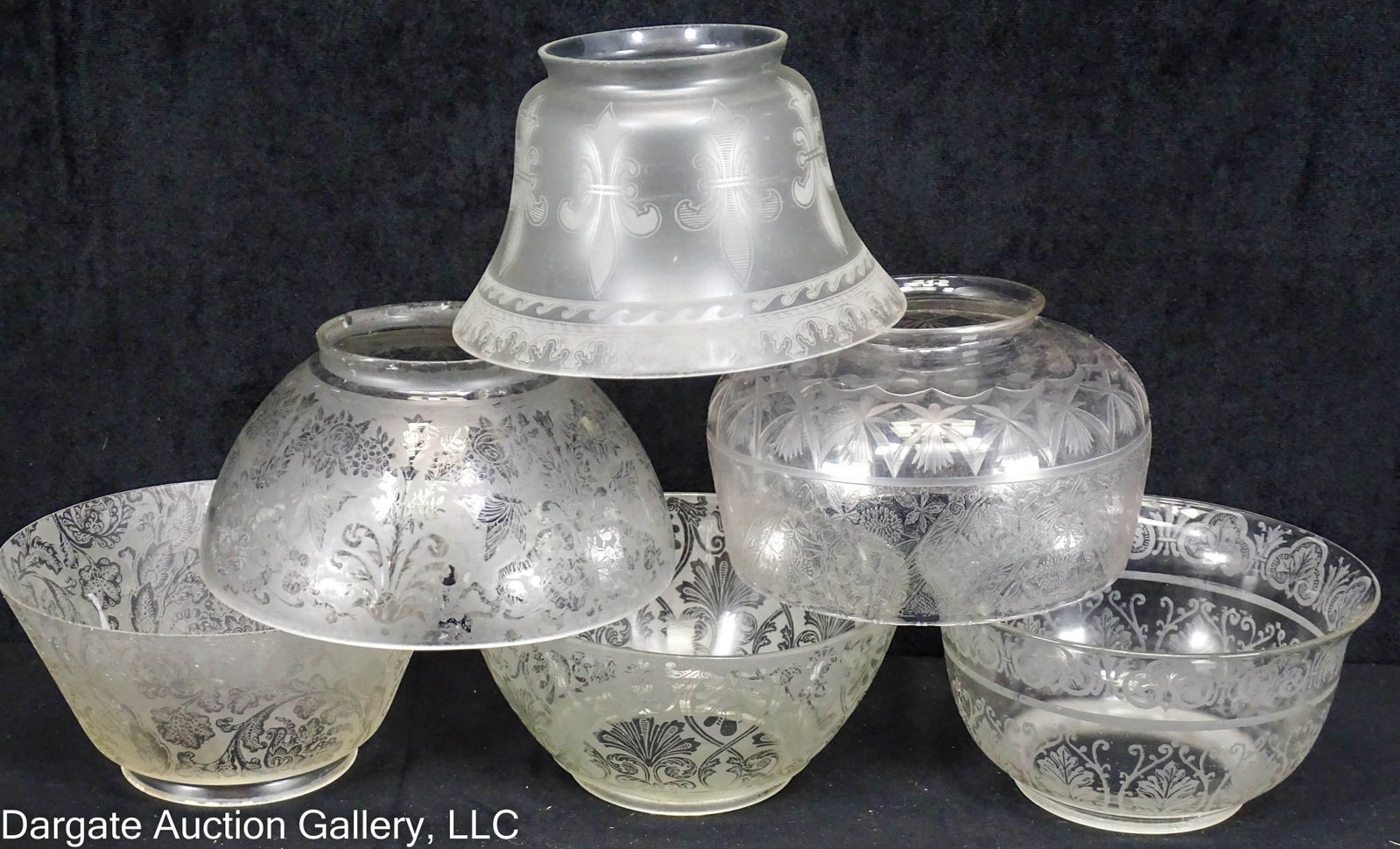 6 ASST ETCHED GLASS VICTORIAN GLAS LIGHT SHADES: Includes: (1) Sloped paisley etched shade (3.75”H x 7.5” diameter, 4” fitter; a few chips); (1) Stylized acanthus leaf etched shade (4”H x 7.5” diameter, 4” fitter)