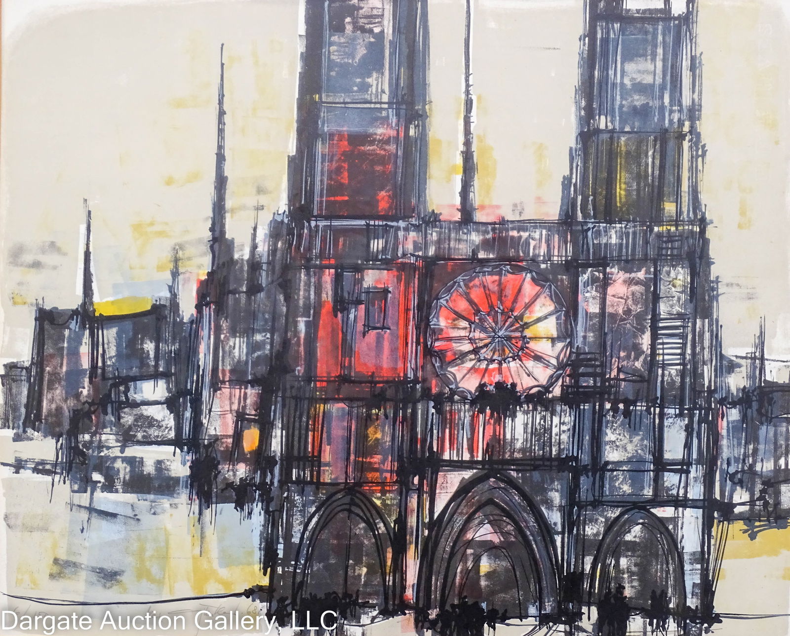 MAX GUNTHER 1968 ABSTRACT LITHOGRAPH NOTRE DAME: Max Gunther (Italy/Swiss/US, 1934-1974) 1968 Abstract lithograph of Notre Dame numbered 6/150. Pencil signed, numbered and dated in lower left. Set under glass in red painted frame / Visible Art Size: