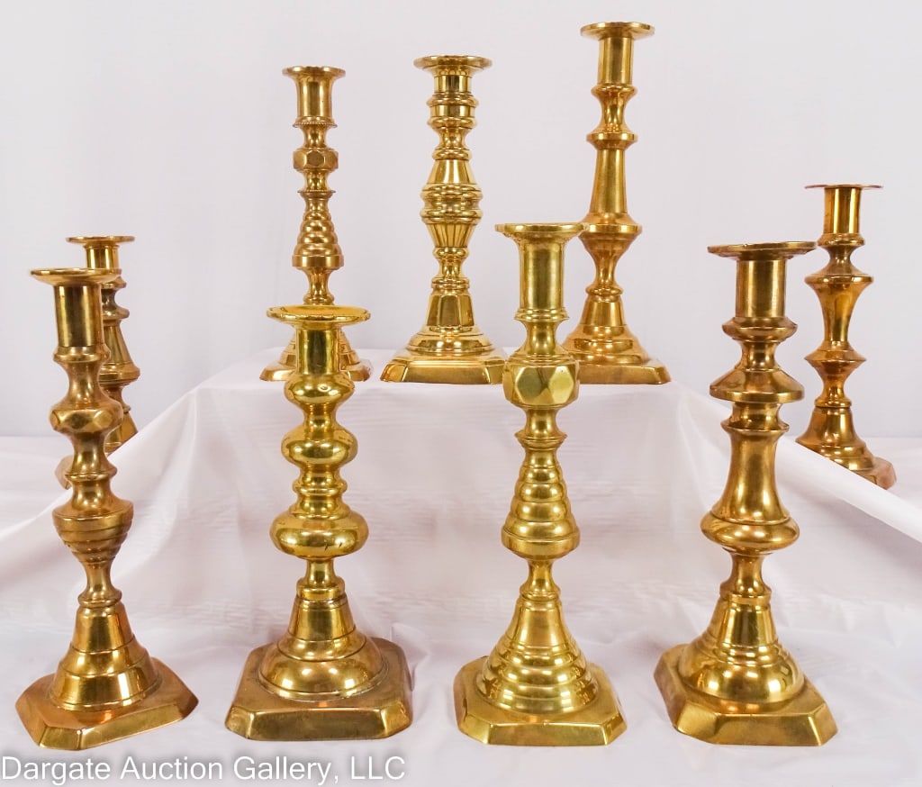 9 19TH CEN BRASS PUSHUP CANDLESTICKS (1 of 17)
