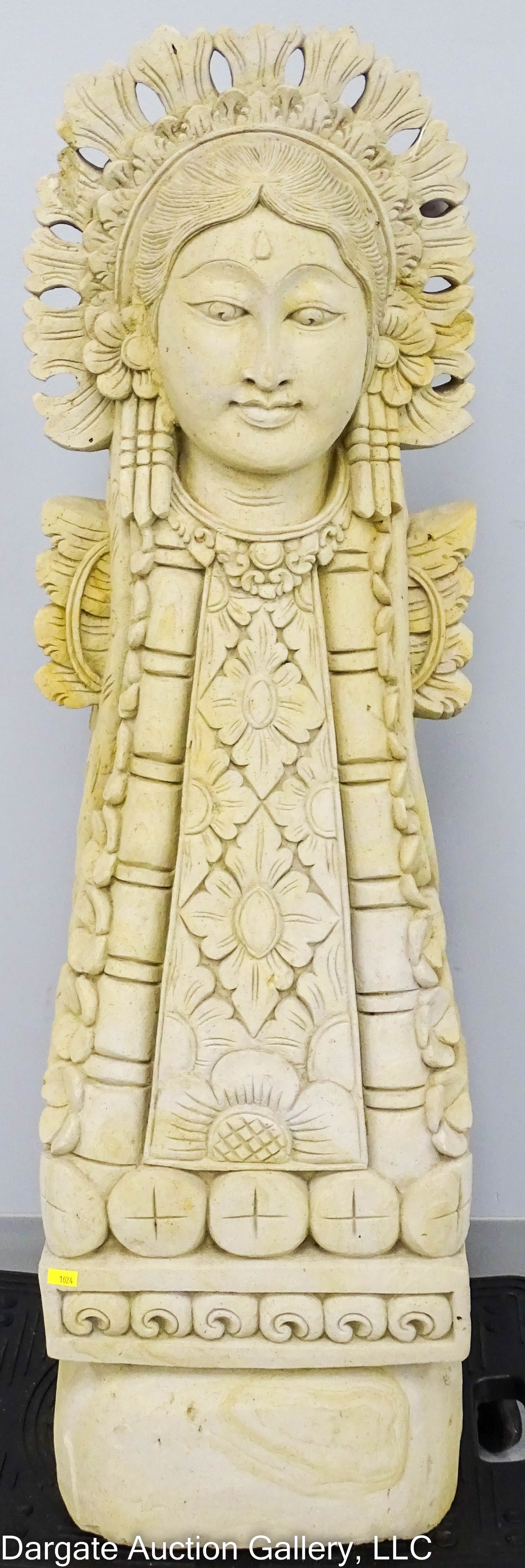 BALINESE VOLCANIC ASH SCULPTURE OF DEWI/JANGER: / Measures: 40"H x 12"W x 12"L / Condition: Chips to headdress