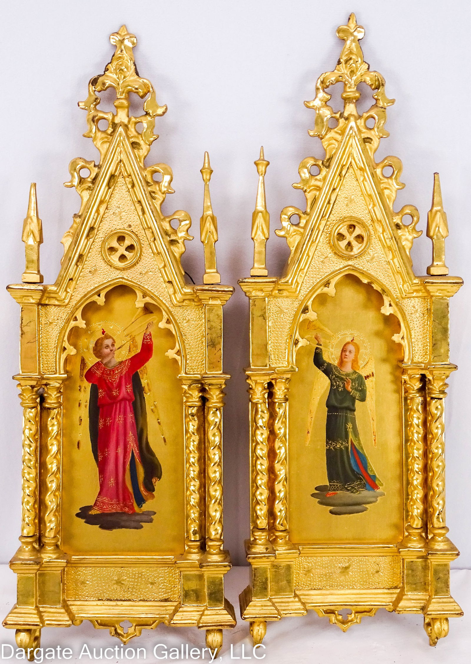 2 O/P TRUMPETING ANGELS AFTER FRA ANGELICO: After Fra Angelico, born Guido di Pietro (Italian, c1395-1455) pair of oil on gilded panel, depicting trumpeting archangels, each in a carved giltwood Gothic style frame. Both artist signed on the rev