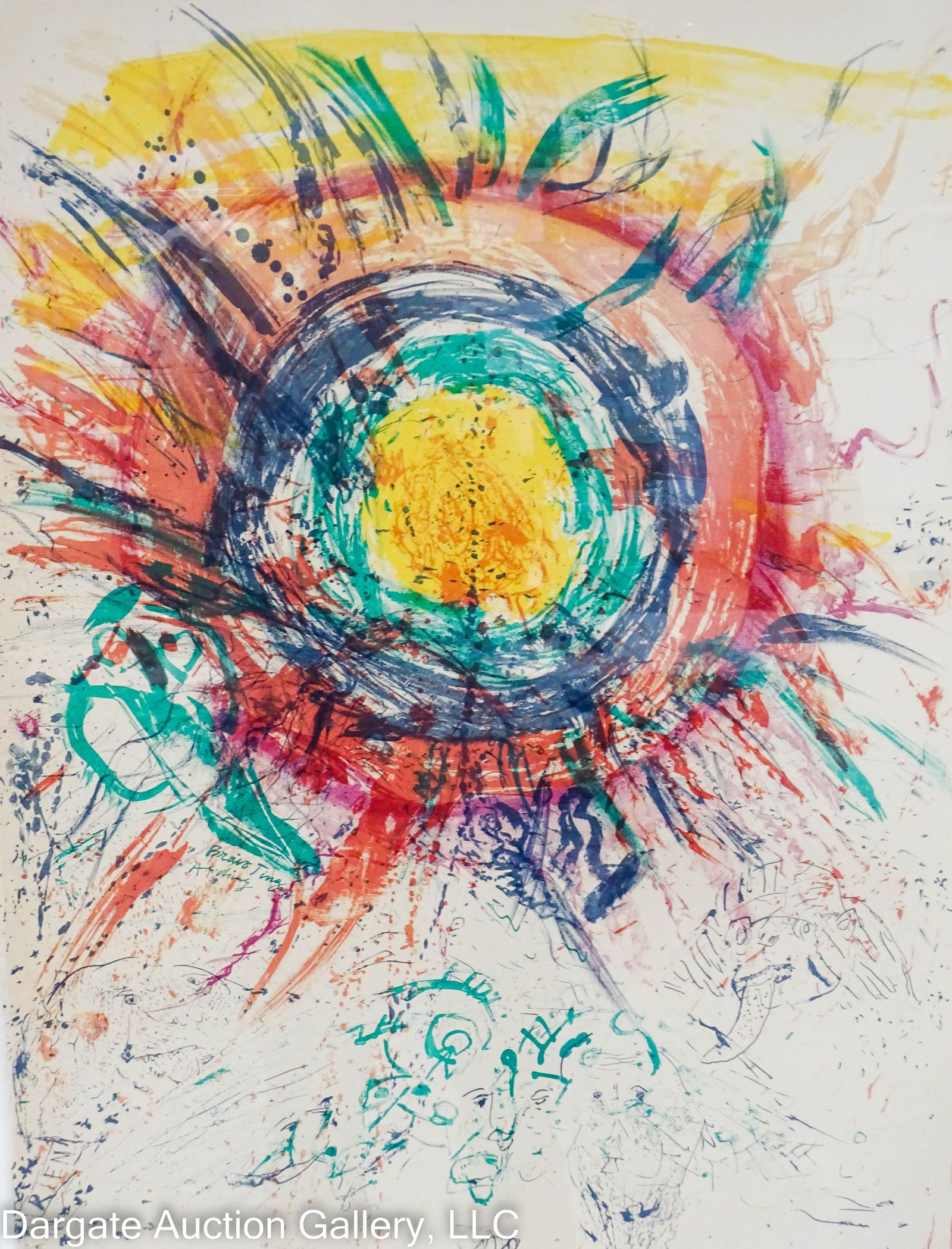 1961 SUN COLLABORATIVE LITHO TING ALECHINSKY: Ting Walasse (Chinese/French, 1929-2010) and Pierre Alechinsky (Belgian, b. 1927) Colored lithograph collaboration titled “Sun” circa 1961; Signed lower right by both artists [TING] [ALECHINSK