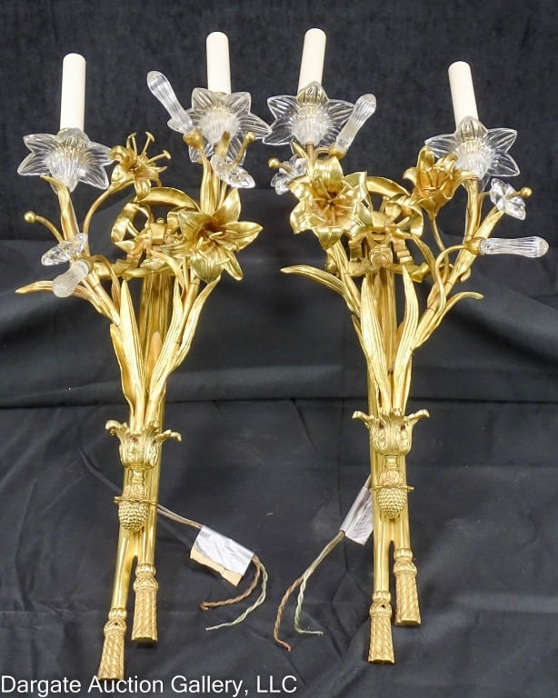 PAIR BRASS & GLASS FLORAL LILY FORM WALL SCONCES (1 of 15)