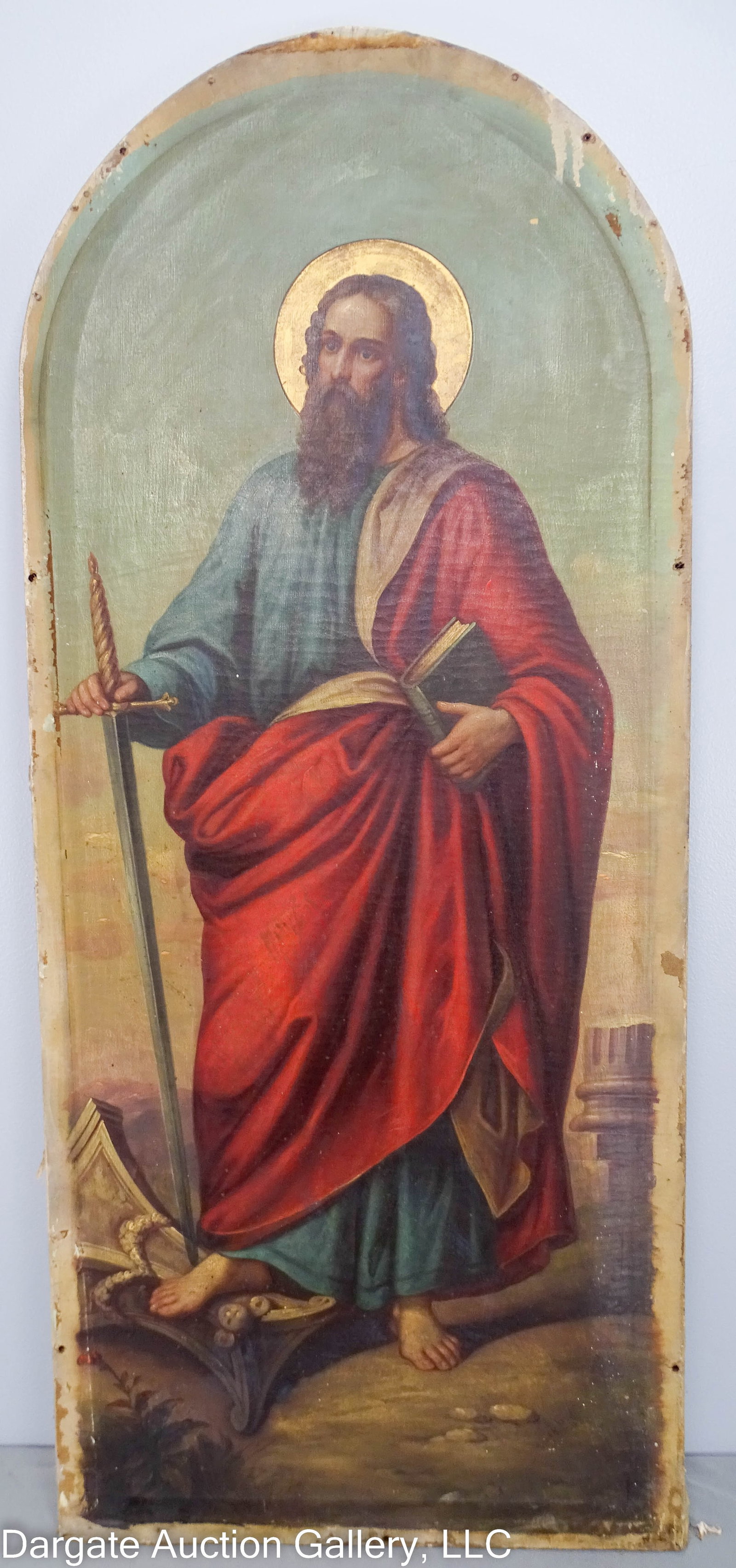 19th C OIL ON CANVAS APOSTLE PAUL: Circa 1870 oil on canvas Painting Depicting Apostle Paul, holding a sword ; Hung in an old church in Brownsville PA, not signed or framed, stretcher has a round arch top, holes along stretcher used to