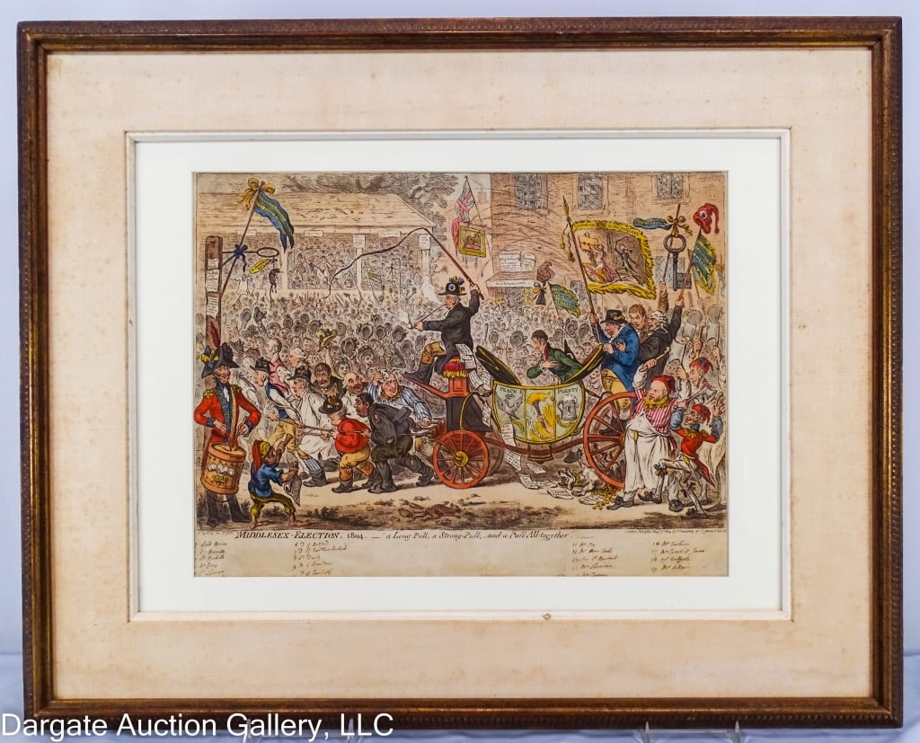 JAMES GILLRAY SATIRICAL MIDDLESEX ELECTION ETCHING: James Gillray (England, 1756-1815) hand colored etching/aquatint, published August 7th 1804. A Satirical political print by British caricaturist James Gillray of the 1804 Middlesex Election titled [MI