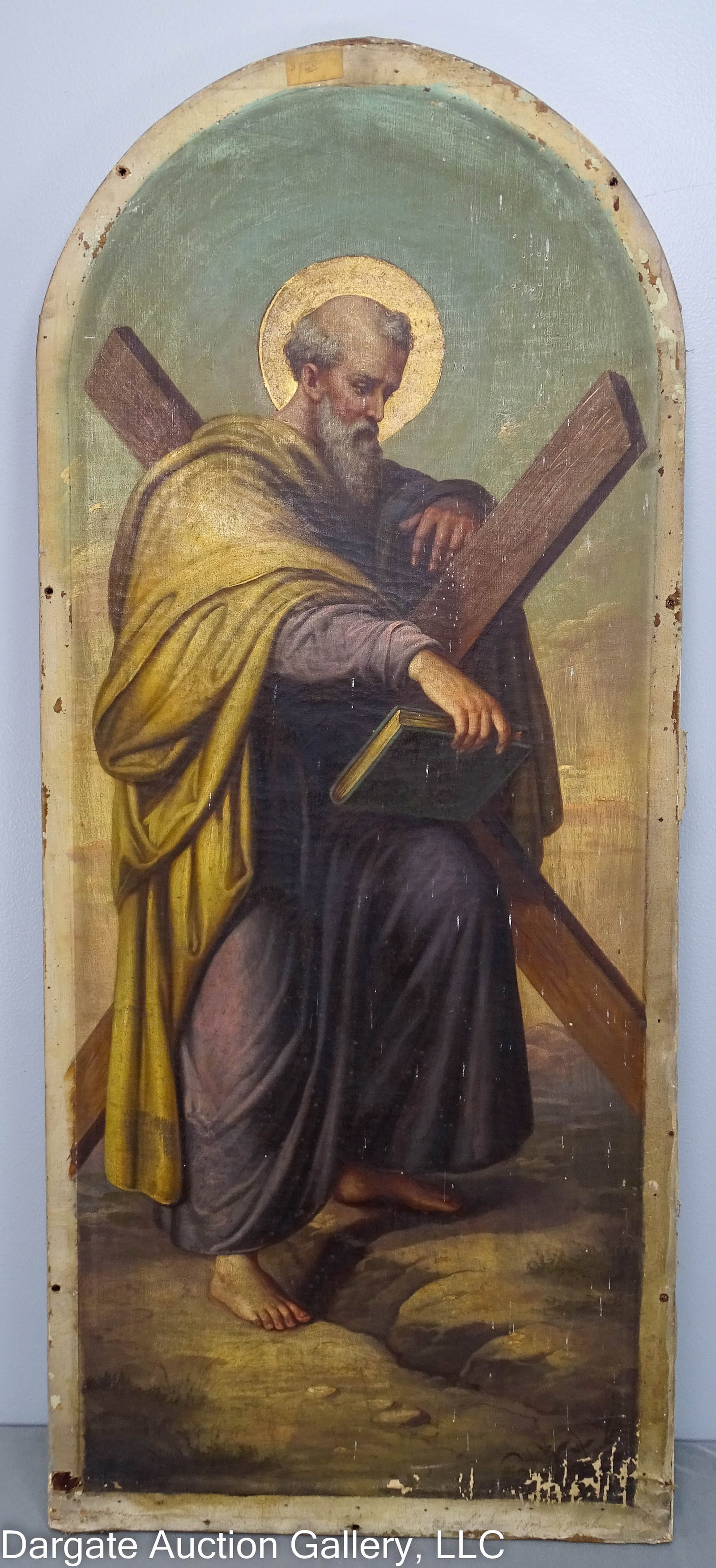 19th C OIL ON CANVAS APOSTLE ANDREW: Circa 1870 oil on canvas Painting Depicting Apostle Andrew, holding a an x-shaped cross; Hung in an old church in Brownsville PA, not signed or framed, stretcher has a round arch top, holes along stre