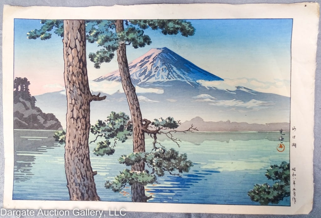 TSUCHIYA KOITSU WOODBLOCK FUJI FROM LAKE KAWAGUCHI: Tsuchiya Koitsu (Japanese, 1870-1949) Woodblock - A View of Mount Fuji from Lake Kawaguchi; unframed / Visible Art Size: 10.75"H x 16"W / Provenance: From the estate of Royce Walters, Indiana PA / Con