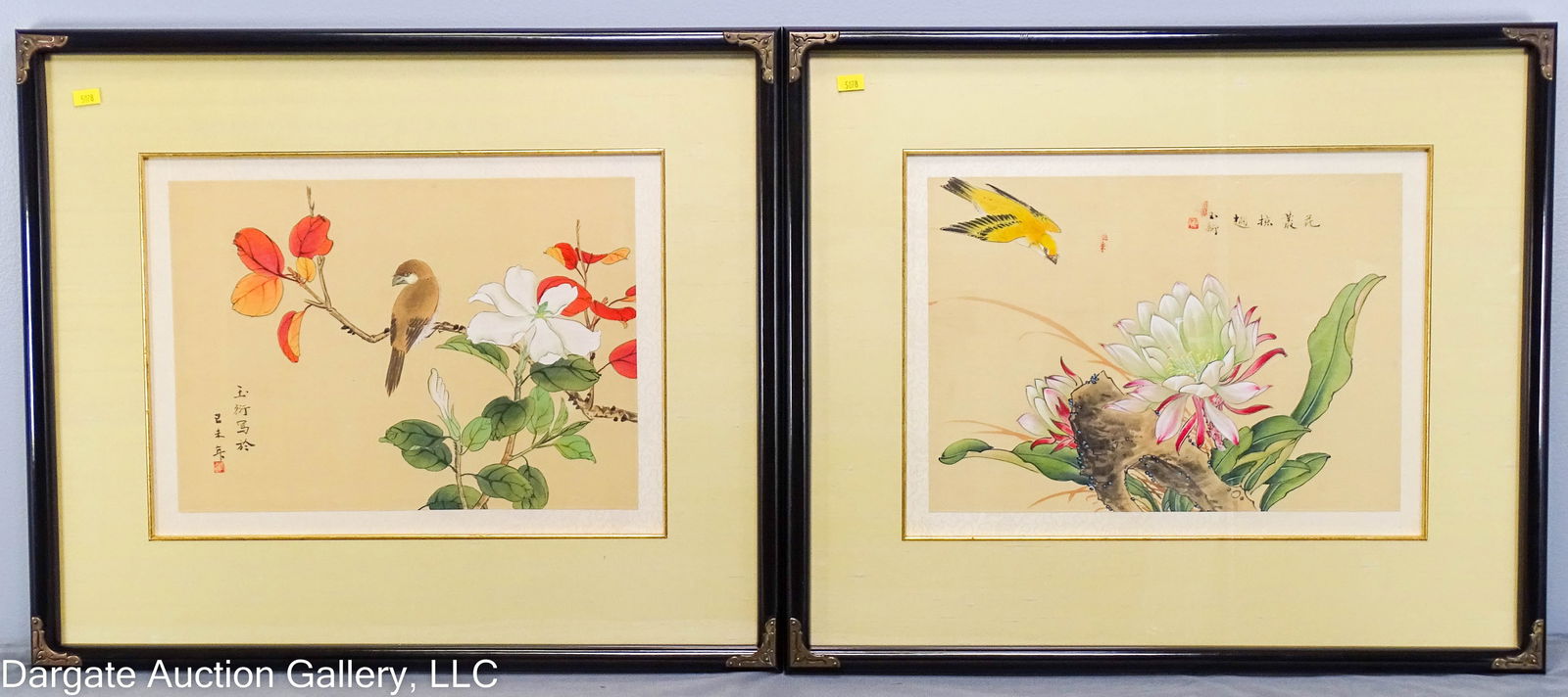 PAIR OF CHINSE BIRDS & FLOWER WATERCOLOR ON SILK (1 of 9)