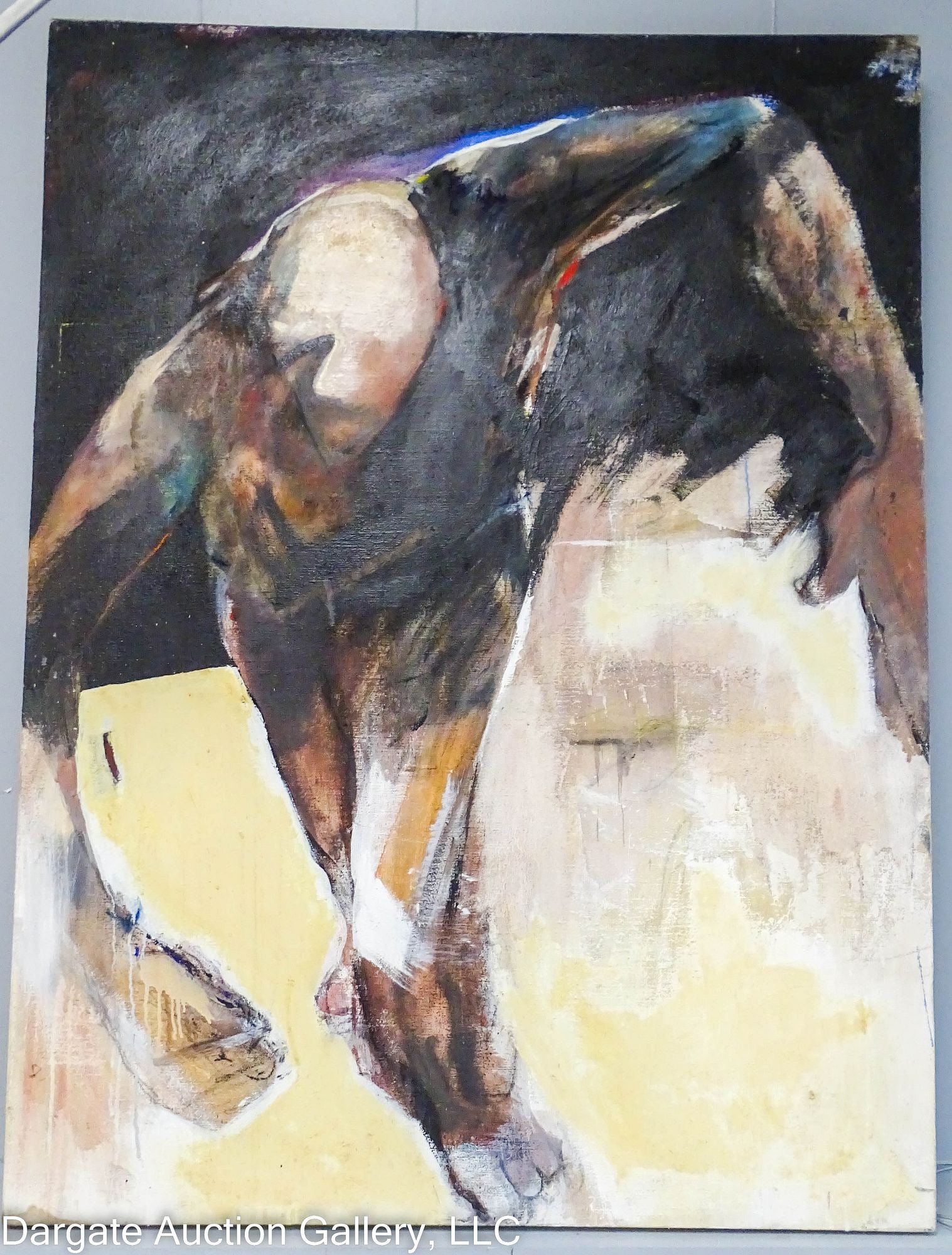 MODERN ABSTRACT OIL PAINTING OF A MAN RUNNING: A large abstract oil painting of a man running, rendered with broad brush strokes, in a muted color palette; stretcher is signed on the back [PEGGY BARTON] but the work itself is unsigned; not framed