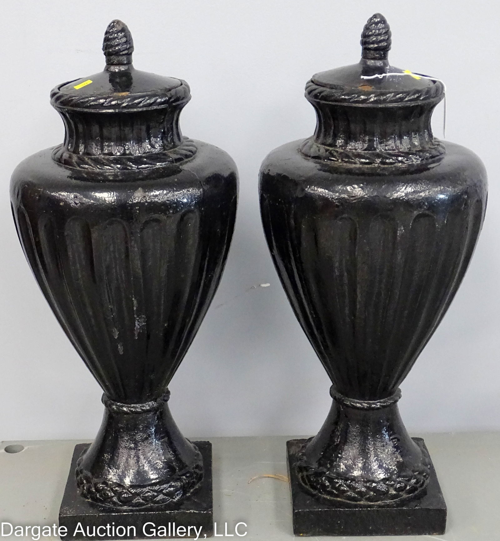 PAIR CAST IRON GARDEN URNS WITH LIDS (1 of 4)