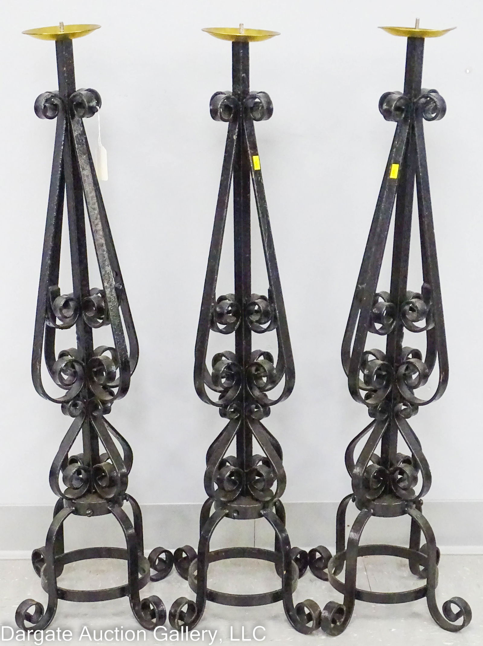 3 WROUGHT IRON CANDLESTANDS WITH BRASS DRIP PANS (1 of 4)