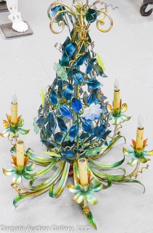 VERDIGRAS VENETIAN TOLE GLASS CHANDOLIER: Circa 1960's Verdigris tole leaf with venetian glass glower chandolier / Measures: 26"H x 22" diameter / Condition: Surface wear to finish, light rust mainly at the top