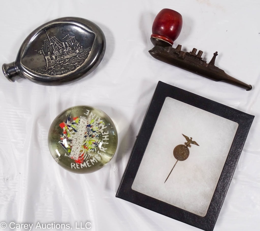REMEMBER THE MAINE SPANISH AMERICAN WAR PIPE FLASK: 4 items commemorating the Spanish-American War and the sinking of the Battleship Maine in Havana Harbor, Cuba, on Feb.15, 1898. (#1) Battleship Maine pipe made of gutta percha in the shape of the batt