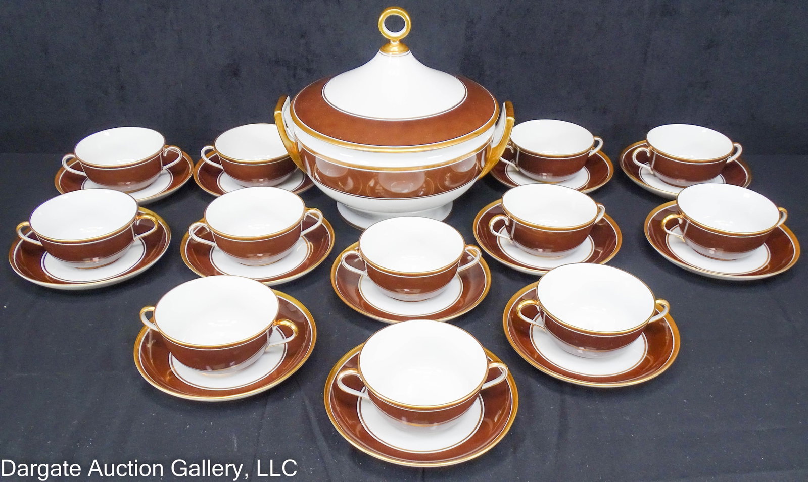 RICHARD GINORI BROWN SOUP SERVICE: Marked Richard Ginori Manifattura Di Doccia Florence Italy. Includes the soup tureen and lid, and (12) double handled soup bowls and matching underplates / Measures: Tureen - 9.5"H x 11.5"L x 10"D; Pl
