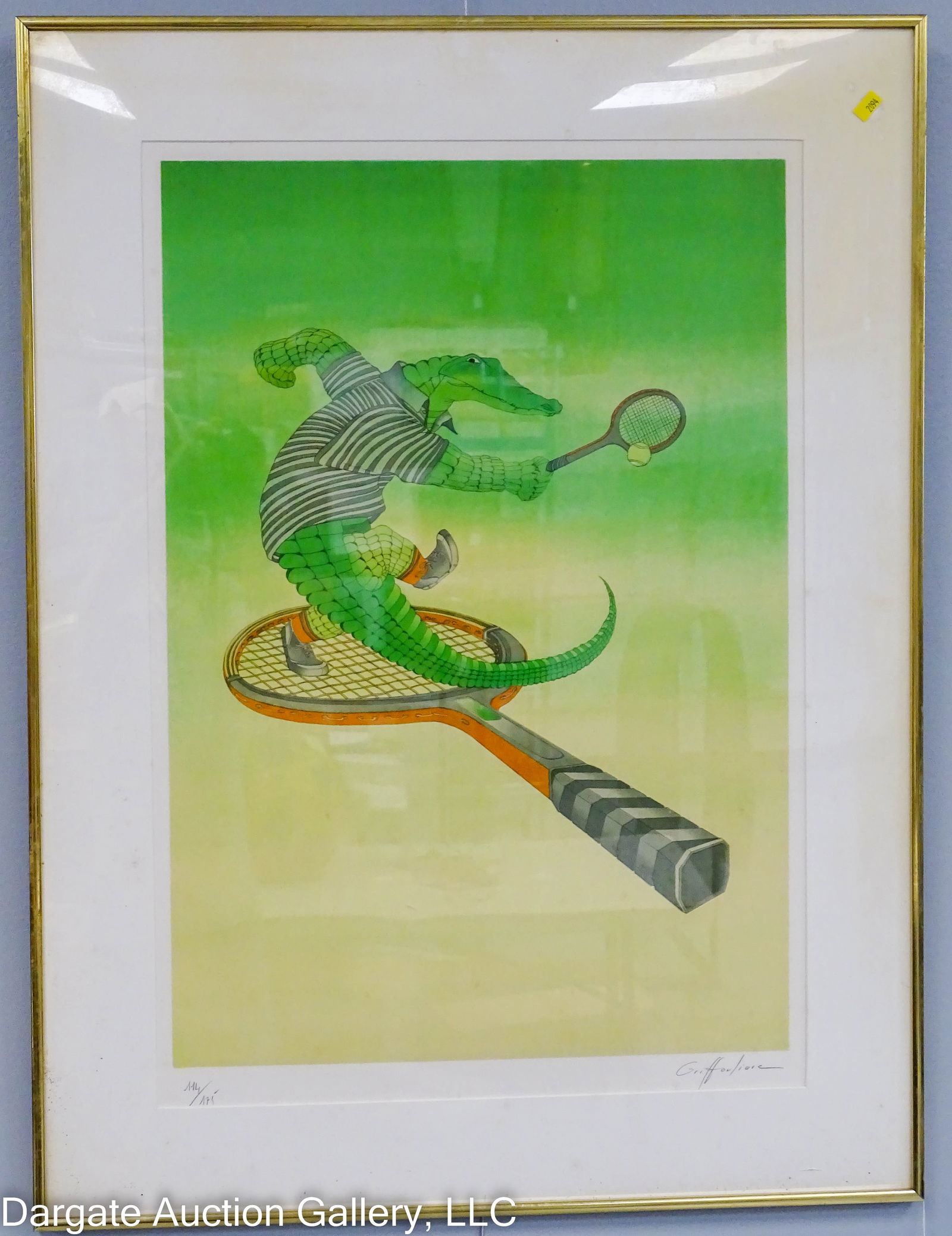 JEAN PAUL GRIFFOULIER LACOSTE TENNIS LITHOGRAPH: Jean-Paul Griffouliere (French, b. 1946) Circa 1970 Lithograph depicting a crocodile playing tennis on a racket; pen signed lower right, numbered 114/175, titled Lacoste Tennis; set under plexiglass i