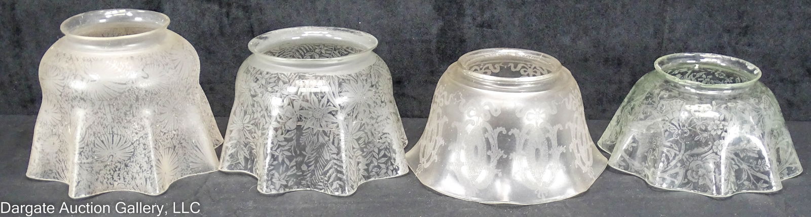 4 ASST RUFFLED GAS LIGHT GLASS SHADES: Includes: (1) Neoclassic design with medallions and bows (4”H x 8” diameter, 4” fitter; small chip, mold roughness); (1) floral (4”H x 7.75” diameter, 4” fitter; ma