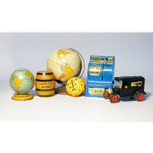 FIVE TOY BANKS: An assortment of five vintage toy banks. ERTL Armored Truck Services bank. Replica Ford 1913 Model T Van. 3 1/2"h x 5 1/2"l; J. Chein and Co. "Happy Days" Bank barrel. 4"h x 2 1/2"diameter; Globe Bank