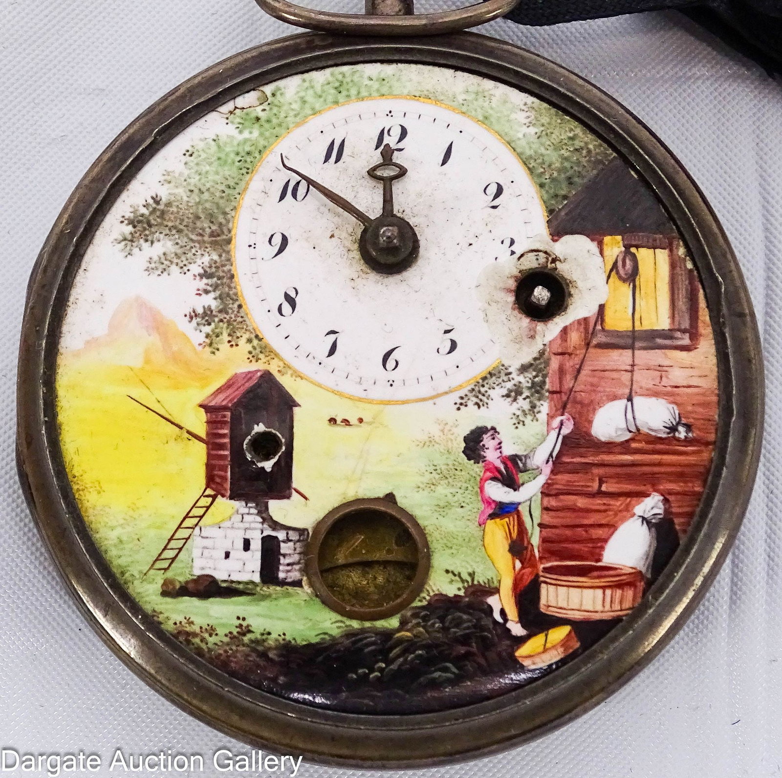 GIRARDIER L'AINE VERGE FUSEE OPEN FACE POCKET WATCH: Circa late 18th/early 19th Century; French open face pocket watch; Dial is polychrome enamel pastoral scene depicting a man or boy, hoisting sacks of grain in the foreground, with a windmill in the ba