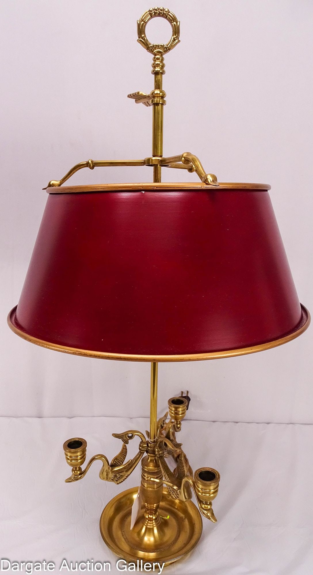 FRENCH EMPIRE BRASS BOUILLOTTE LAMP BURGANDY TOLD SHADE (1 of 4)