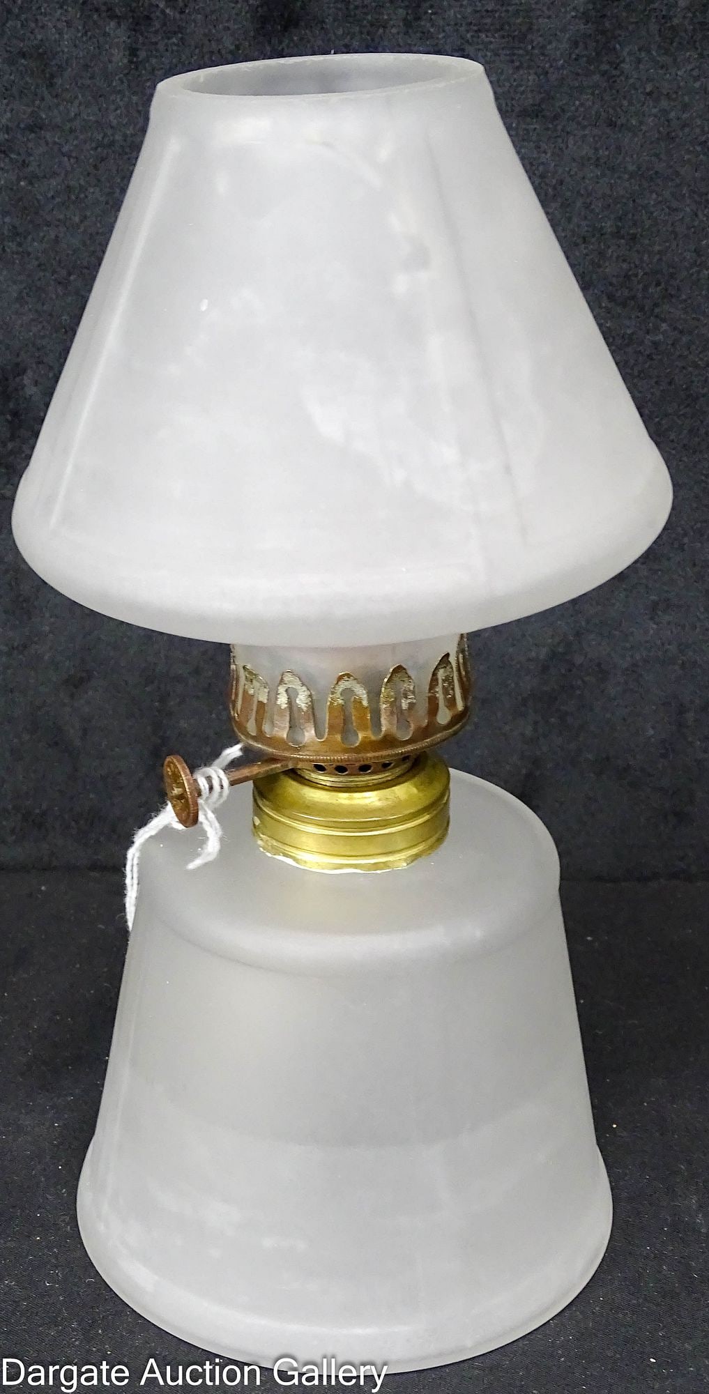MINIATURE OIL LAMP SATIN GLASS: Clear satin glass miniature oil lamp in a Mission Arts and Crafts style with raised vertical bands, attributed to the Dugan Glass Company, Indiana, PA, circa 1905; features a Hornet burner marked [Twi